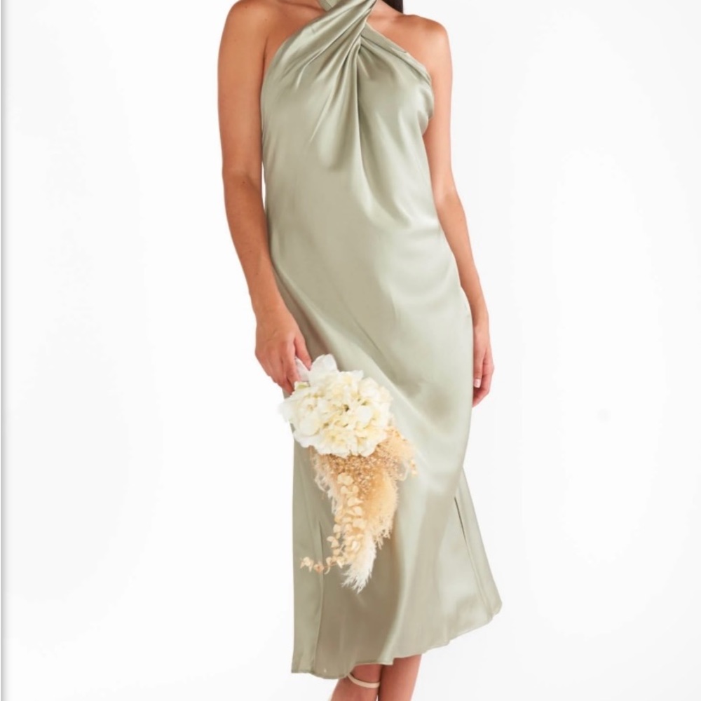 Sage green Jasmine halter, mid length dress